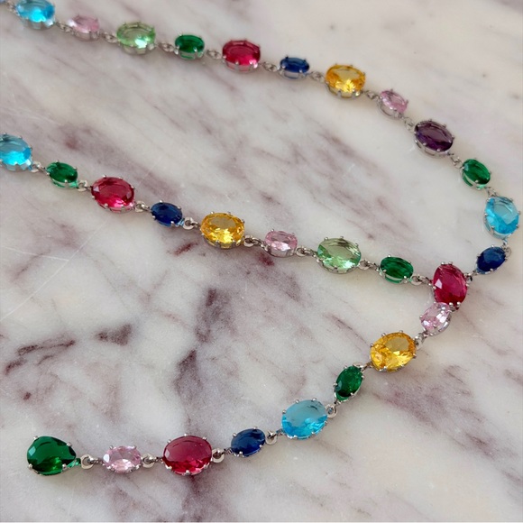 🌈 Anthropologie Rainbow Stone Lariat Necklace in Silver - Picture 5 of 11